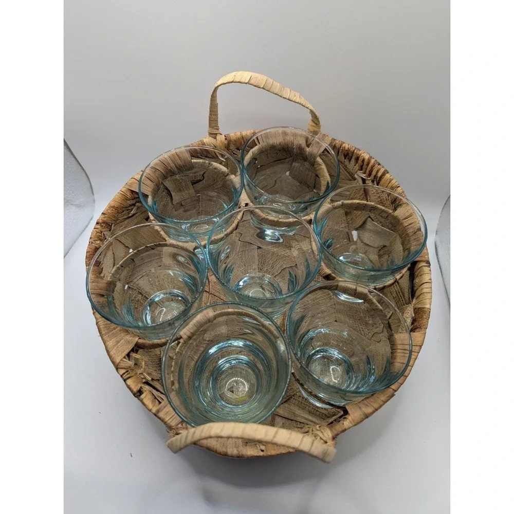 Vintage Libbey Aqua Blue Saturn Optic Ripple Glassware Set With Basket Carrier